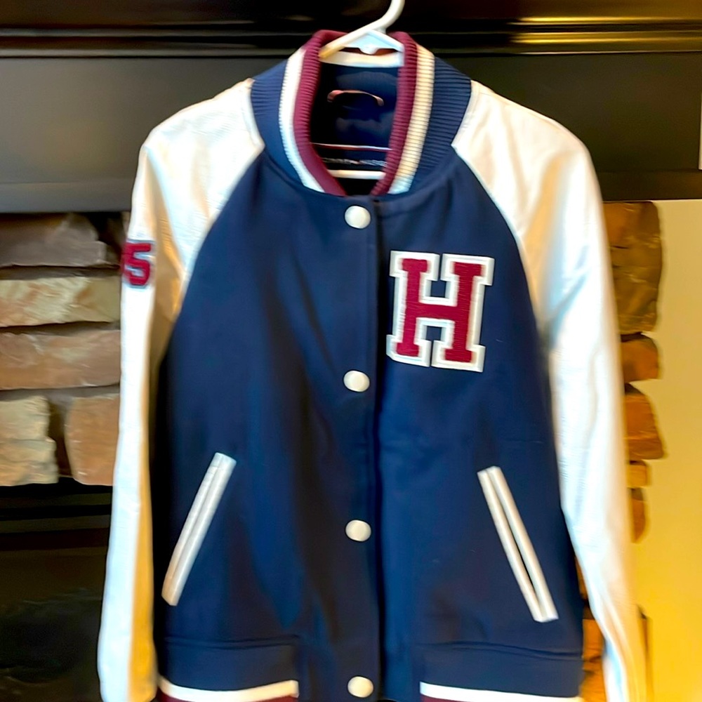 Classic Navy and White Varsity Jacket with Maroon Trim